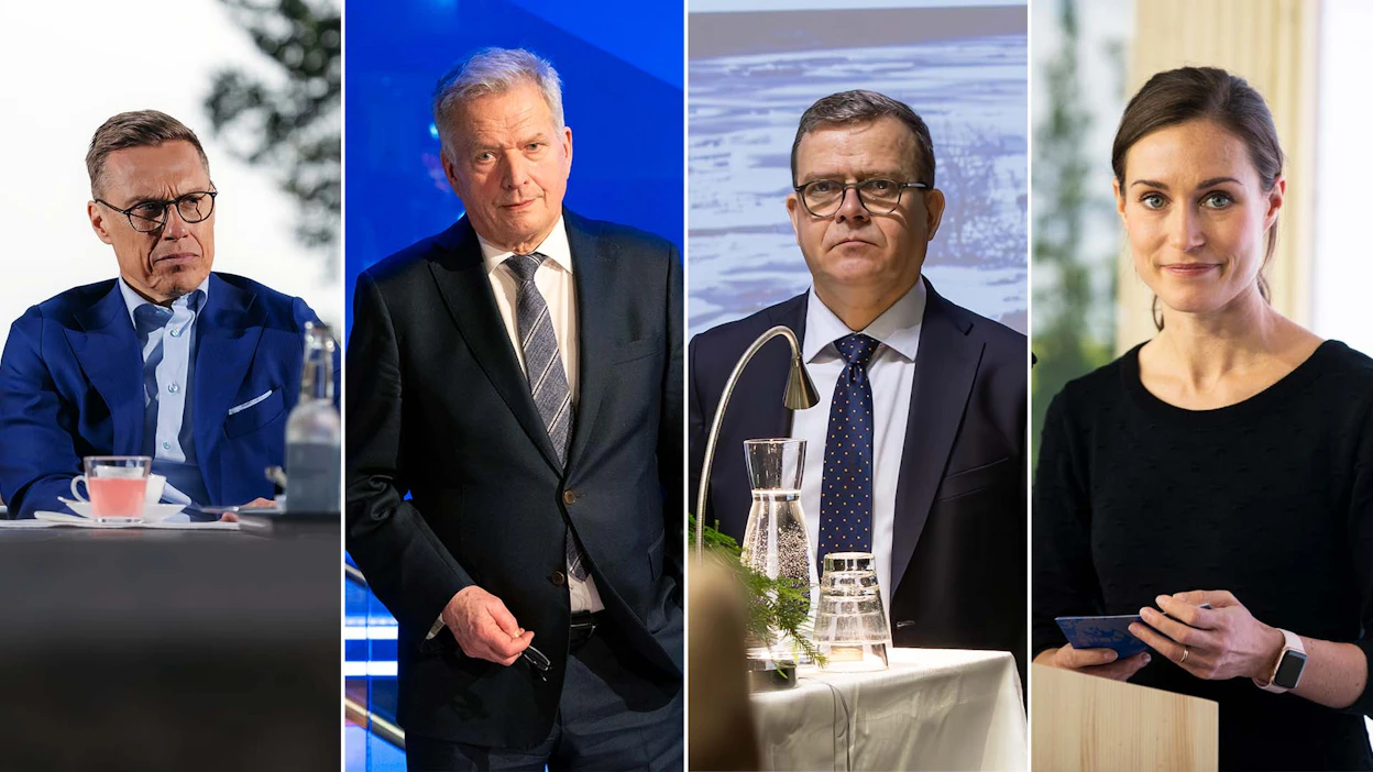 Taito Taskinen pohtii kirjoituksessaan, miten Suomi ottaa kantaa kansainvälisen oikeuden rikkomuksiin. Kuvassa tasavallan presidentti Alexander Stubb, presidentti Sauli Niinistö, pääministeri Petteri Orpo (kok.) ja entinen pääministeri Sanna Marin (sd.).