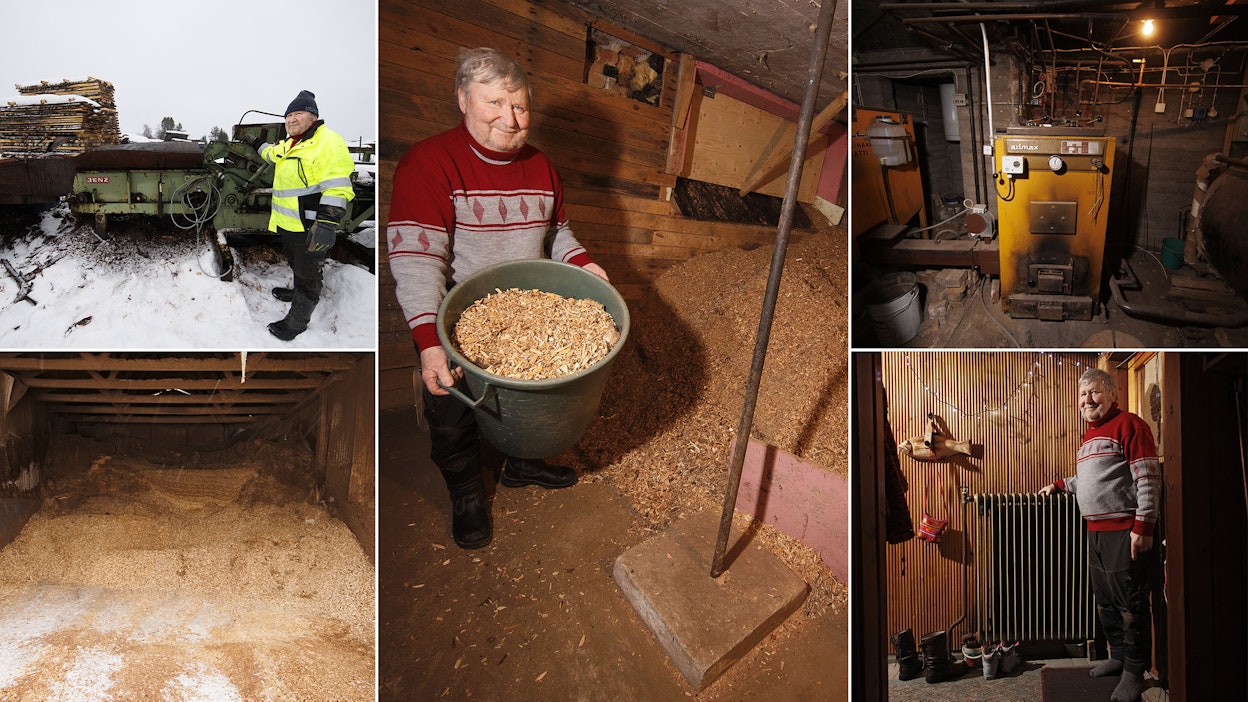 Markku Leppänen tekee hakkeen pätkähakkurilla ja varastoi siiloon (vas.). Hake siirtyy ikkunasta kellariin ja saavissa stokeriin (kesk.). Vanha, 1970-luvun kattila polttaa hakkeen ja siirtää energian vuonna 1957 rakennettuun putkistoon ja pattereihin (oik).