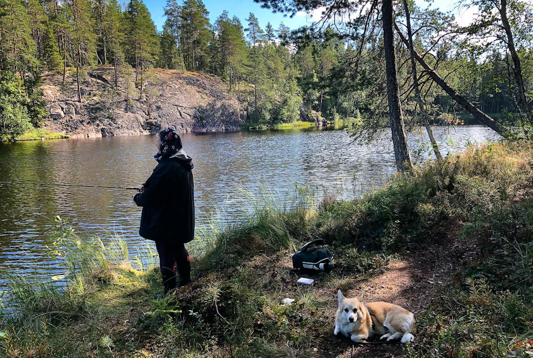 Kuvituskuva Evon Kalliojärveltä missä retkeilijä kalastaa. Retkeilyalueilla toiminnan kärkenä ovat luonnossa tapahtuvat aktiviteetit ja toiminnot, kansallispuistoissa luonnonsuojelu ja elämykselliset luontokokemukset.