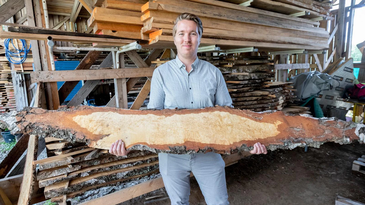 BellusWood Oy:n toimitusjohtaja Oskari Koskinen esittelee kuivumassa olevaa visakoivua.