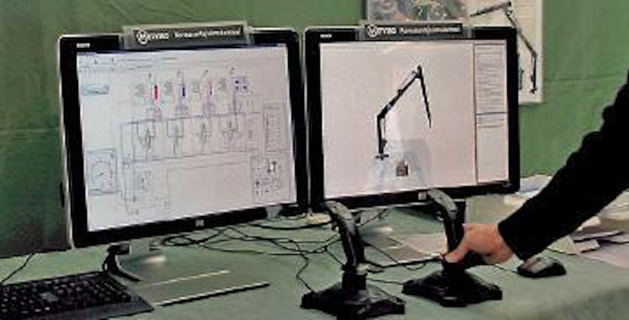 Ensisijaisesti metsäkoneasentajille tarkoitettu koulutussimulaattorihanke alkaa olla loppusuoralla. Modernin hydraulijärjestelmän ydin on kuormantuntevan järjestelmän neljä toimilaitetta ja pumpun käsittävä kokonaisuus. Kolmiulotteisin kuvin oppilas pääsee näkemään kunkin toimilaitteen sisään käsiään likaamatta. Kuhunkin työvaiheeseen liittyvien hydraulikomponenttien tarkastelu on mahdollista läpinäkyvänä ja/tai leikattuna. Samanaikaisesti kunkin liikeajon osuus on nähtävissä hydraulikaaviossa paineineen ja virtauksineen. Järjestelmässä voidaan muuttaa ohjauksia, säätöjä sekä tehdä korjauksia. Hankkeen toimijoina ovat mm. Pohjois-Karjalan ammattiopisto Valtimo ja Tampereen teknillinen yliopisto, alan opetusviranomaiset/oppilaitokset ja suurimmat metsäkonevalmistajat. Mikko Saarimaan esittelemä demoversio vaikutti erinomaiselta jo nyt. (JV)