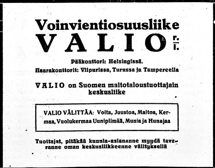 Valio eli Suomen maitotaloustuottajain keskusliike mainosti sata vuotta sitten Maaseudun Tulevaisuudessa.