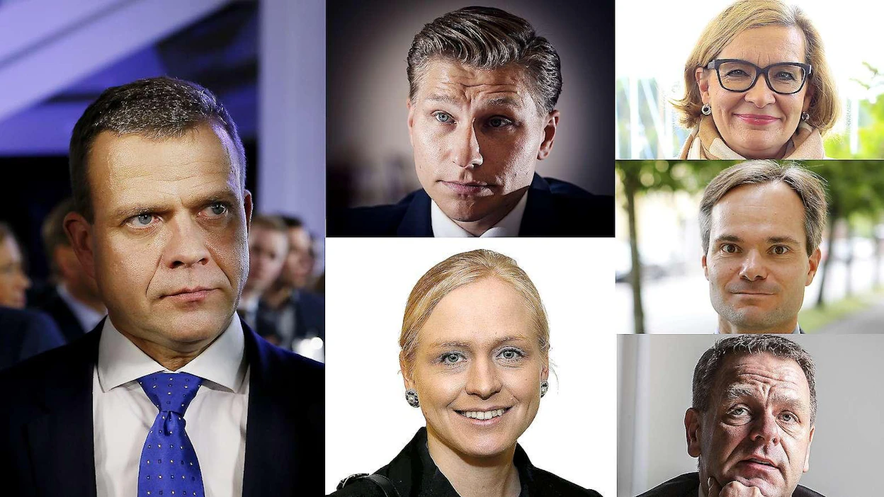 Petteri Orpon (vas.) jatkajaksi on arveltu etenkin Antti Häkkästä (kesk. ylhäällä) ja Elina Lepomäkeä. Ylen kyselyssä hajanaista kannatusta saivat myös Paula Risikko (oik. ylhäällä), Kai Mykkänen ja Jan Vapaavuori.