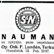 Turkulaisliike mainosti myymiään ompelukoneita MT:ssa 100 vuotta sitten.