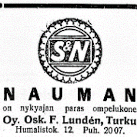 Turkulaisliike mainosti myymiään ompelukoneita MT:ssa 100 vuotta sitten.