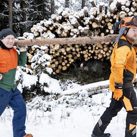 Aku (oikealla) ja Matti Äijö ovat hoitaneet metsiä noin viisi vuotta yhdessä. Tilanhoidon vastuu siirtyy määrätietoisin askelin Akulle. 