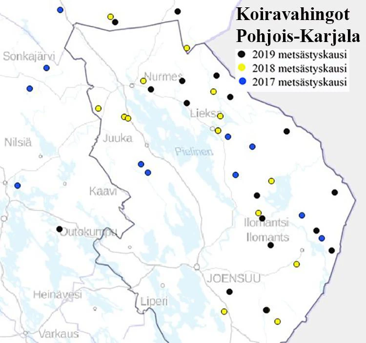 Vahinkokartat on tehty alueille, joilla on Riistavahinkorekisterin mukaan viime vuonna tapahtunut koiravahinkoja. Kartoilta löytyvät myös metsästysvuosien 2017 ja 2018 tiedot.