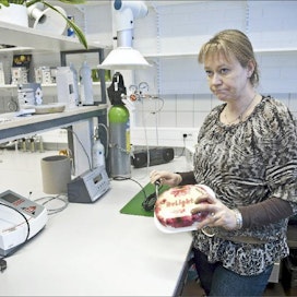 Stora Enson tutkimuskeskuksessa Imatralla kehitetään pakkausmateriaaleja. Projektipäällikkö Mari Hiltunen tutkii kartonkivuokaa vetyanalysaattorilla. Laite löytää kohdan, josta pakkaus vuotaa. Kimmo Haimi