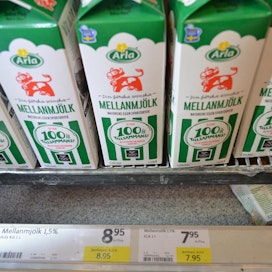 Litra Ica-kevytmaitoa maksoi viime vuonna marketin maitohyllyssä 0,11 euroa vähemmän kuin Arla-maito.