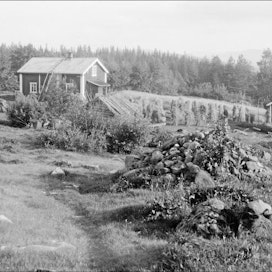 Juhoilan talon piha rakennuksineen Ruotsissa. 1930. HELMI HELMINEN/MUSEOVIRASTON KUVAKOKOELMAT