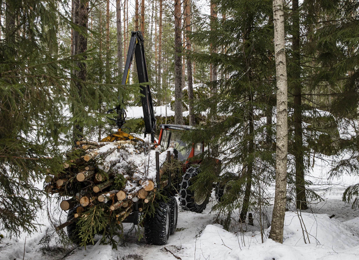 Yhdessä kuormassa kulkee noin neljästä viiteen kuutiota energiapuuta. Vetojuhtana on Valmet 305 -traktori.