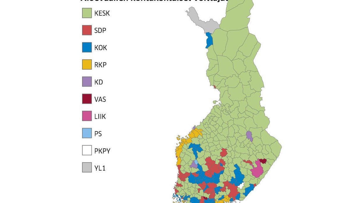 Suomen historian ensimmäisissä aluevaaleissa keskusta voitti yhdeksän aluetta, kokoomus kuusi, SDP neljä ja RKP kaksi. Keskustanvihreä väri hallitsee kuntakarttaa Tampereen pohjoispuolisessa Suomessa.