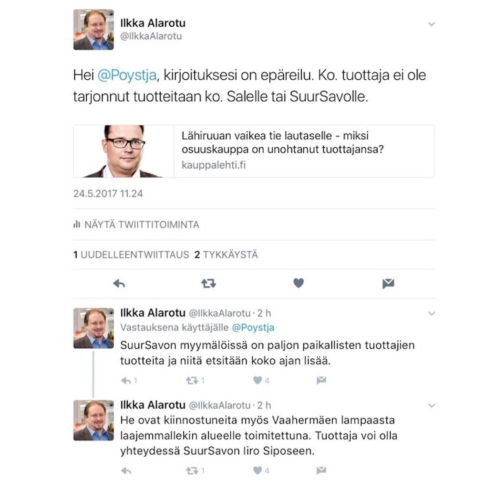 SOK:n Ilkka Alarotu vastasi Kauppalehden uutispäällikölle Twitter-tilillään.