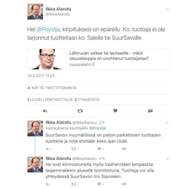 SOK:n Ilkka Alarotu vastasi Kauppalehden uutispäällikölle Twitter-tilillään.