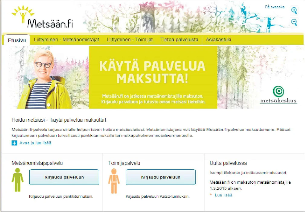 Suomaisten yksityismetsien tiedoista tähän mennessä noin 75 prosenttia on kerätty valtion Metsään.fi -palveluun.