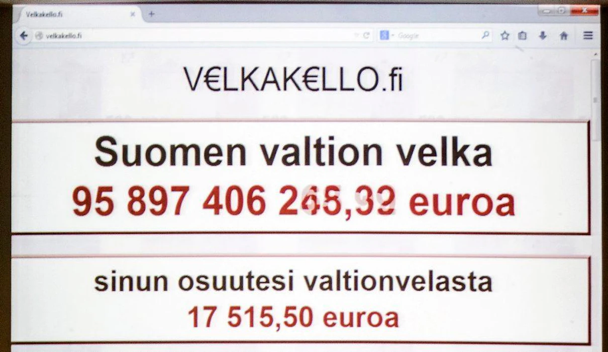Helsingissä naputtaa Keskuskauppakamarin velkakello. Lukema on helmikuun lopulta, kun kellon näyttö ilmestyi Aleksanterinkadulle. Tiistaina se huiteli jo yli 97 miljardissa.