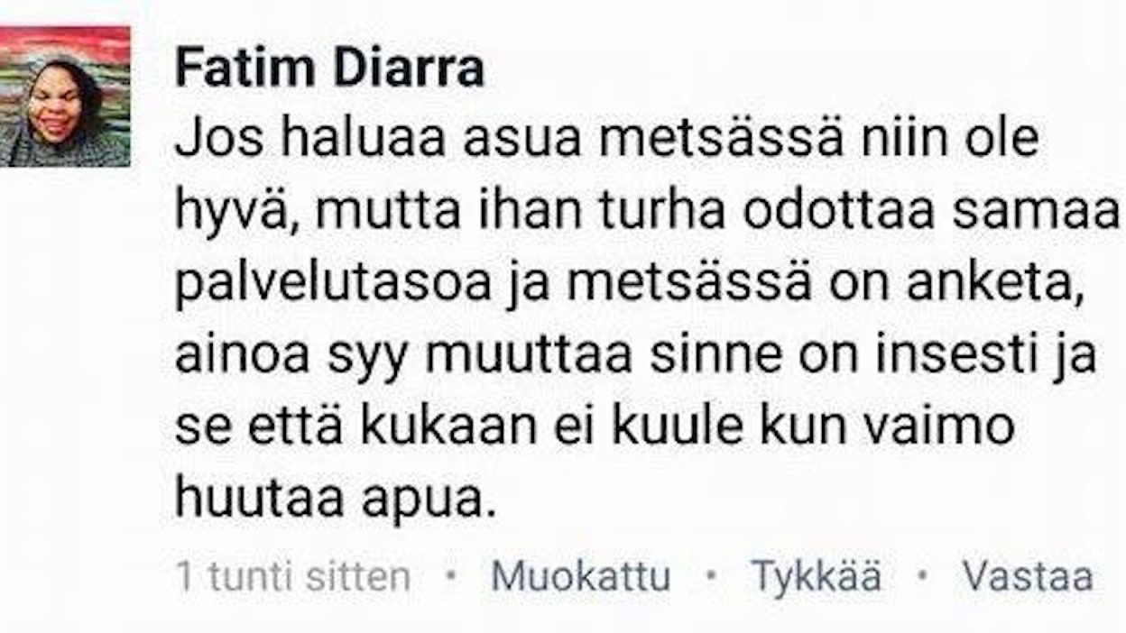 Vihreä vaikuttaja Fatim Diarra Helsingistä käytti perjantaina sosiaalisessa mediassa ronskia kieltä syrjäseutujen ihmisistä.