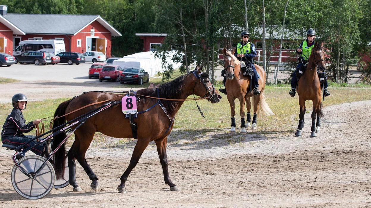 Pokella ja Luigilla riitti ihmeteltävää raveissa. Suvi Himanka verrytteli yhtä Suomen ykkösluokan ravureista, Bret Bokoa. Vanhemmat konstaapelit Jenni Ahomäki Pokella (vas) ja Jenni Yli-Ikkelä Luigilla tarkkailevat tallialueen tapahtumia.