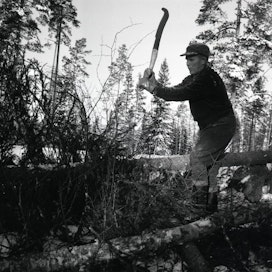 Tämä kuva on vuodelta 1963. Suomalaiset ovat tehneet monenlaisia töitä metsissä. Lähetä oma muistosi Aarteen kirjoituskilpailuun.