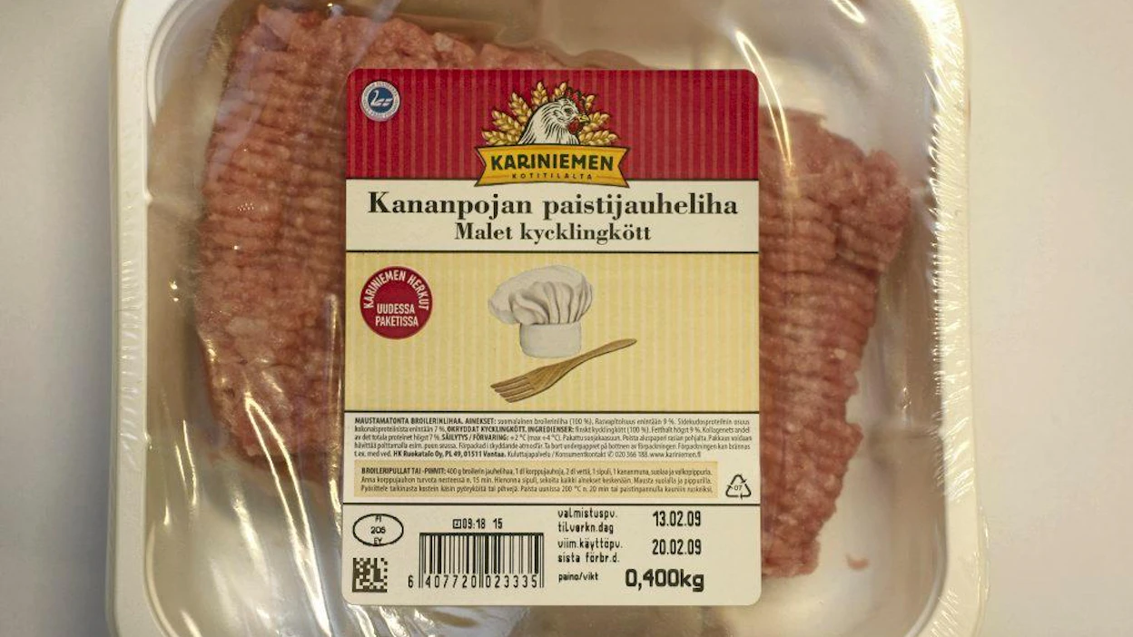 Pakkaus, päivämäärä, kananpojan paistijauheliha, merkki, parasta ennen-merkintä, Kariniemi.