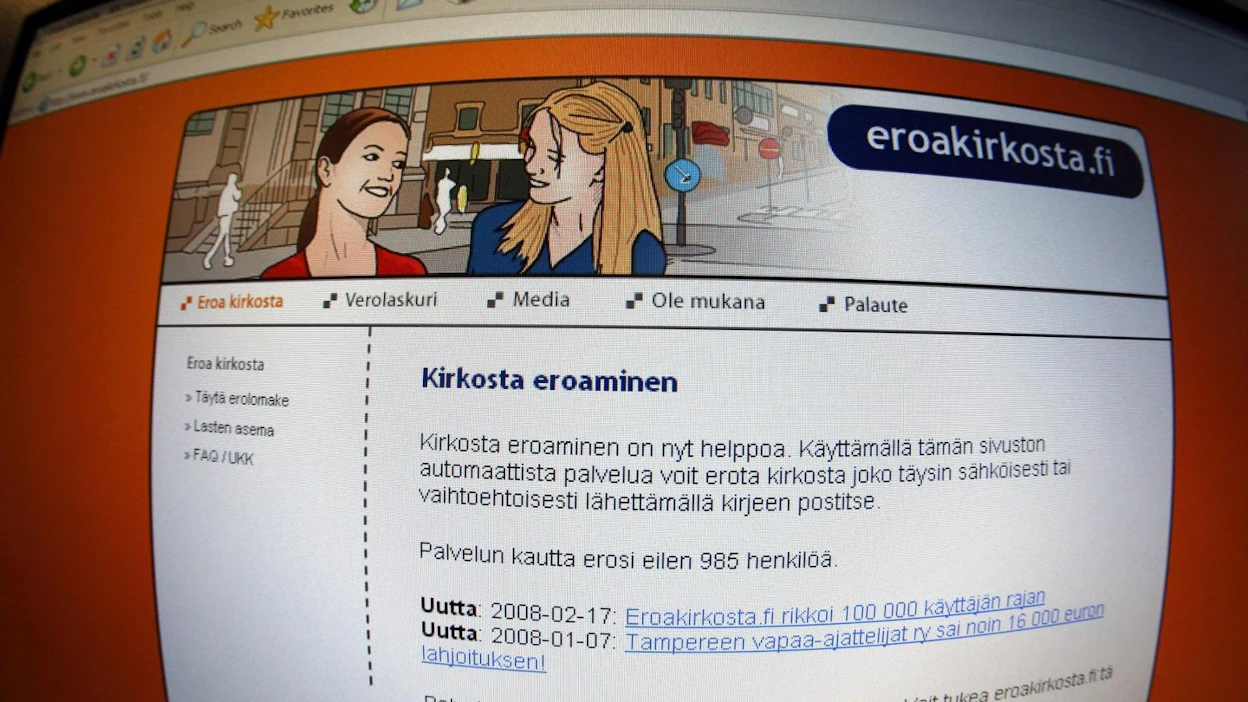 Vuosina 2017–2019 kirkosta erosi keskimäärin runsaat 55 000 suomalaista vuodessa. Heistä useimmat käyttivät Eroa kirkosta -verkkopalvelua. LEHTIKUVA / Martti Kainulainen