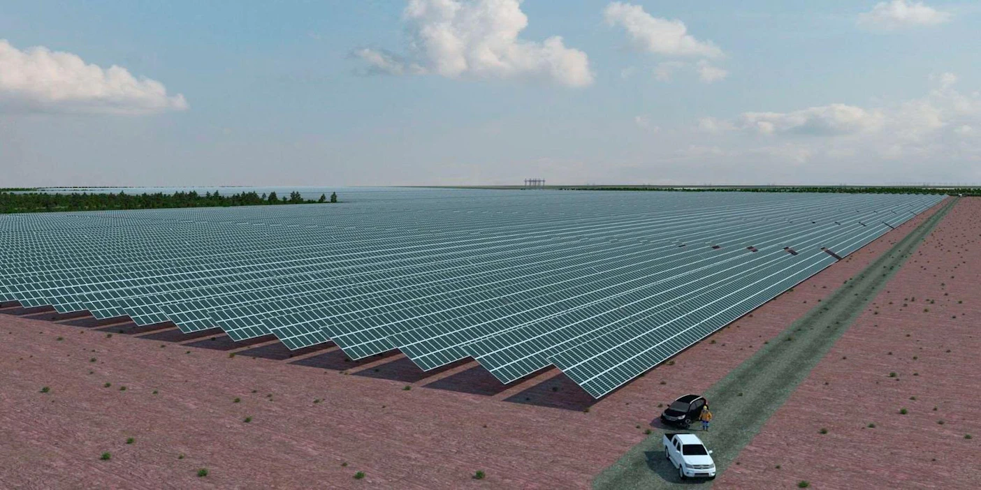 Heininevan aurinkovoimalaan on suunniteltu 300 000–400 000 paneelia. Tämä havainnekuva esittää näkymän voimalan lounaisnurkkaan. EPV Energian tavoite on, että aurinkovoimala aloittaa toimintansa 2020-luvun aikana.