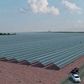Heininevan aurinkovoimalaan on suunniteltu 300 000–400 000 paneelia. Tämä havainnekuva esittää näkymän voimalan lounaisnurkkaan. EPV Energian tavoite on, että aurinkovoimala aloittaa toimintansa 2020-luvun aikana.