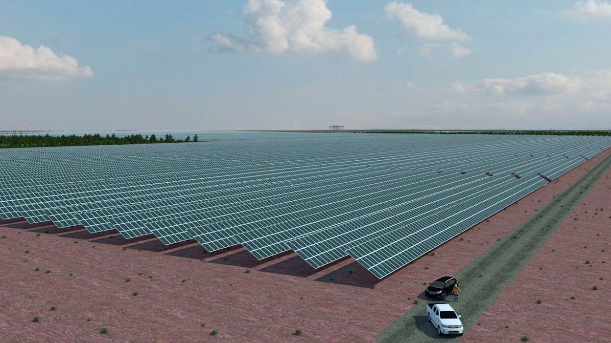 Heininevan aurinkovoimalaan on suunniteltu 300 000–400 000 paneelia. Tämä havainnekuva esittää näkymän voimalan lounaisnurkkaan. EPV Energian tavoite on, että aurinkovoimala aloittaa toimintansa 2020-luvun aikana.
