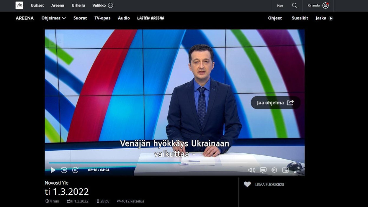 Ylen Novosti-uutislähetys alkoi televisiossa 2013.