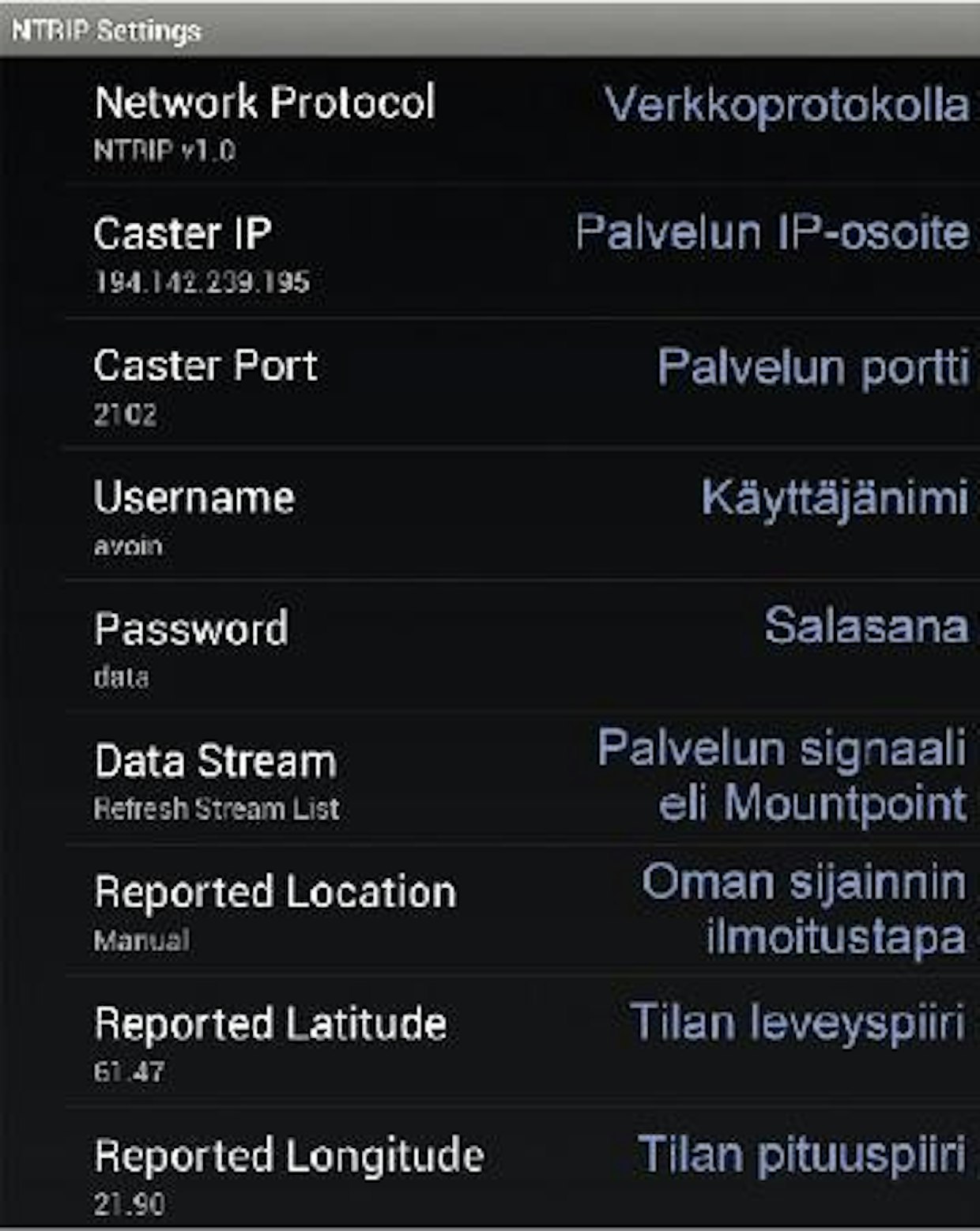 Lefebure NTRIP Client android -sovelluksen oikeat asetuksen GL:n korjauksen käyttämiseksi. Ensimmäisellä yhteyskerralla ”Refresh Stream List” hakee luettelon käytettävissä olevista tukiasemista. Paikkakohtaisen korjauksen saa valitsemalla tukiasemaksi DGNSS_VERKKO ja vanhoilla laitteilla DGNSS_VERKKO12. Kirjoitimme testiemme perusteella suomenkielisen käyttöohjeen sovelluksen asetusten säätämiseksi. Ohje on ladattavissa GL:n sivuilta osoitteessa: http://euref-fin.fgi.fi/fgi/fi/paikannuspalvelu/ukk