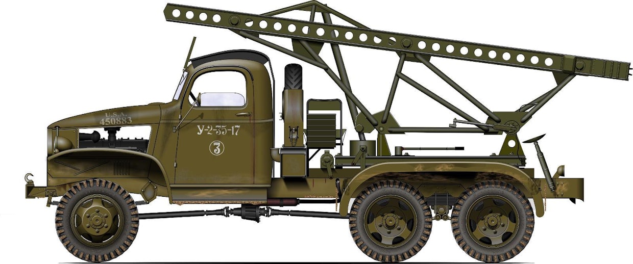 Amerikasta toimitettiin Neuvostoliittoon 6 700 kappaletta GMC ”Kempsu” kuorma-autoja. Kuvassa yksi viheliäisimmistä käyttötarkoituksista, alustana ”Stalinin uruille” eli Katjuska-raketinheittimelle. (Copyright: Oliver Missing)