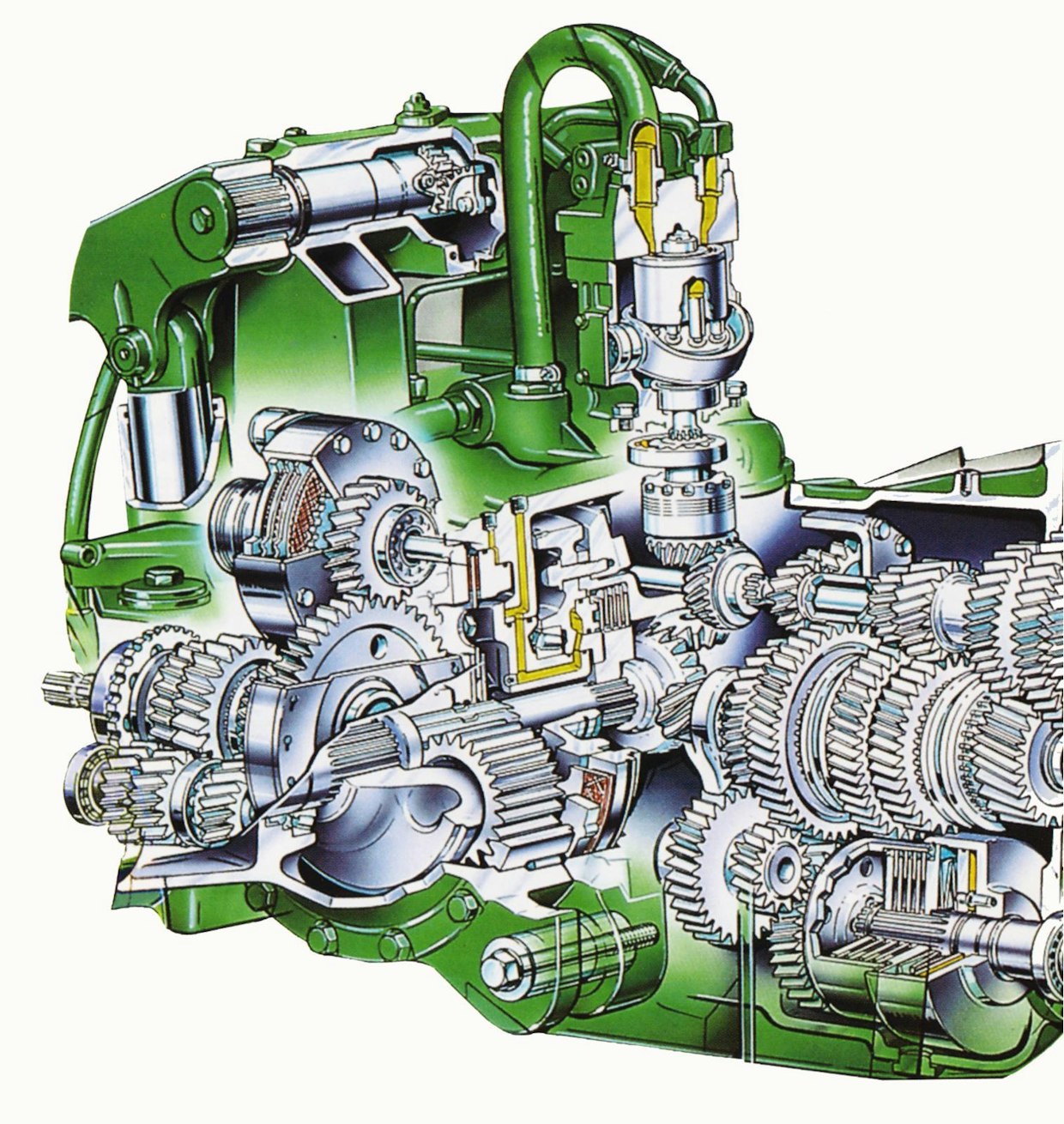 Muuttuvatilavuuksinen hydraulipumppu on sijoitettu pystyasentoon vaihteiston päälle, heti sen alapuolella näkyy hydrauliikan latauspumppu. Nostolaitteen asennontunnusteluanturi näkyy pumpun putkien vieressä tasausakselin yhteydessä.
