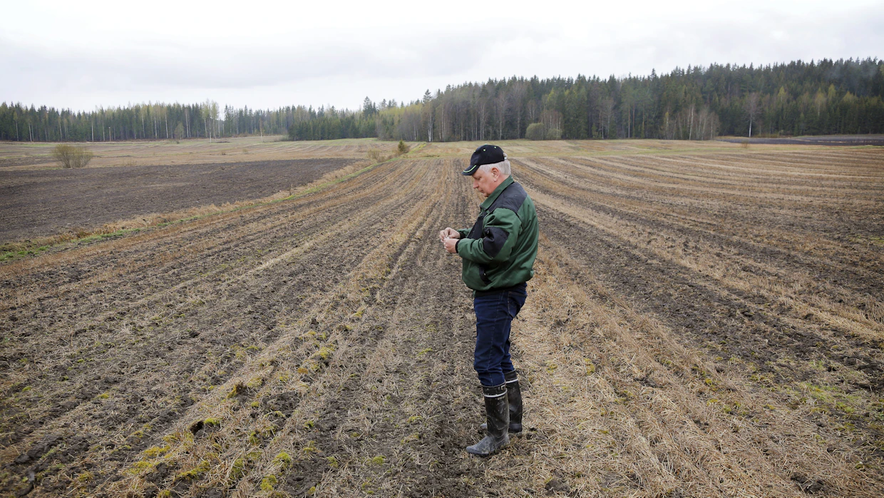 Juhani Laihian pelloista osa sijaitsee rajavyöhykkeellä. Kuva on otettu keväällä 2022.