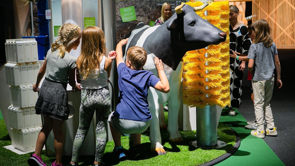 Heurekan Pellolta avaruuteen -näyttelyssä pääsee vielä lokakuun alkuun asti tutustumaan vilja- ja maitotuotteiden matkaan maan alta lautaselle. Lapsia kiinnostaa lehmän rapsutuskone.