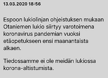 Otaniemen lukion oppilaat saivat tiedon etäopetukseen siirtymisestä Wilma-viestillä.