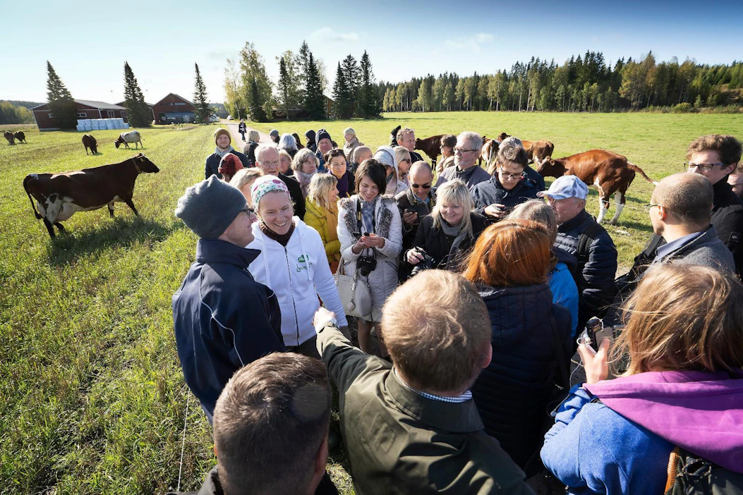 Isäntäpariskunta Aino ja Mikael Wathén esittelivät 51 luomulehmän karjaansa eurooppalaisille maataloustoimittajille maanantaina Hausjärvellä.