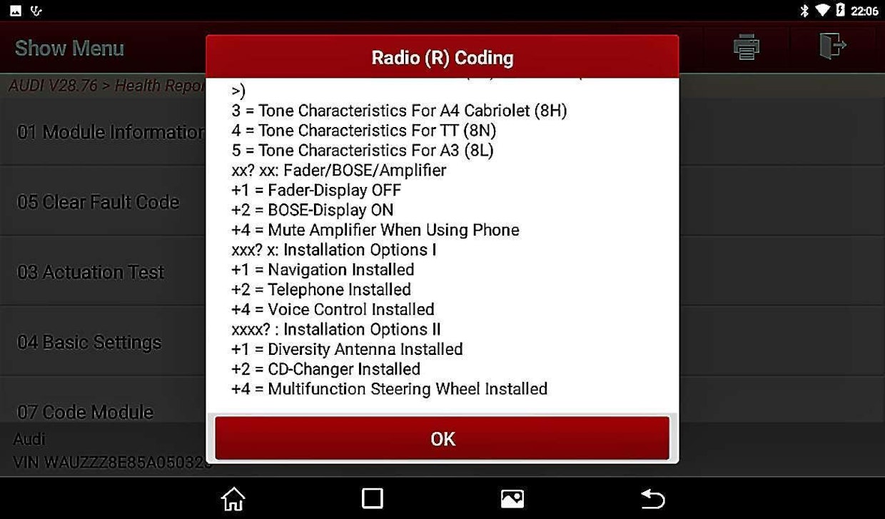 Laitteen muistissa on huomattava määrä tekstitiedostomuodossa olevia ohjeita automerkkien koodauksille. Tämä listaus kertoo, mitä vaihtoehtoja vuosimallin 2003 Audi A4:sen radiossa on. Esimerkiksi viimeiset neljä riviä ohjeistavat koodaamaan CD-vaihtajan tai monitoimiohjauspyörän oikealla tavalla radiolle.