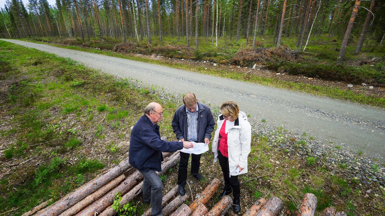 Biotuotetehtaan sijoituspaikkaa Paltamon teollisuusalueella tutkivat NC Partneringin laitossuunnittelun asiantuntija Aimo Mustamäki (vas.), KaiCell Fibersin hallituksen varapuheenjohtaja Hannu Heikkinen ja toimistopäällikkö Sanna Nikola-Määttä.