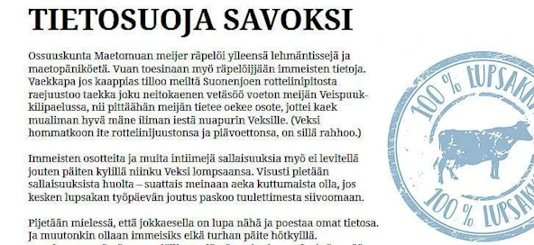Maitomaa käänsi tietosuojalausekkeensa savon murteelle.