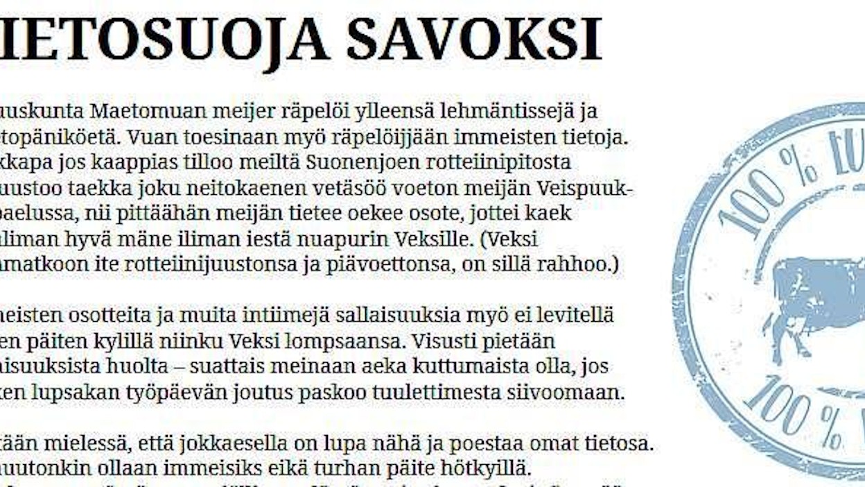 Maitomaa käänsi tietosuojalausekkeensa savon murteelle.