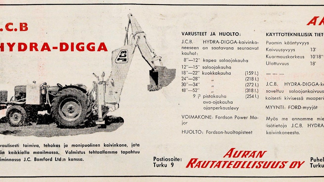 Hydra-Digga-kaivulaitetta tehtiin lisenssillä parin vuoden ajan. Tuote osoittautui pian sopimattomaksi täkäläisen kivisen maaperän kaivamiseen, vaikka mainoksissa toisin luvattiin. Tämä ilmoitus on julkaistu Koneviestissä 8B/1959.