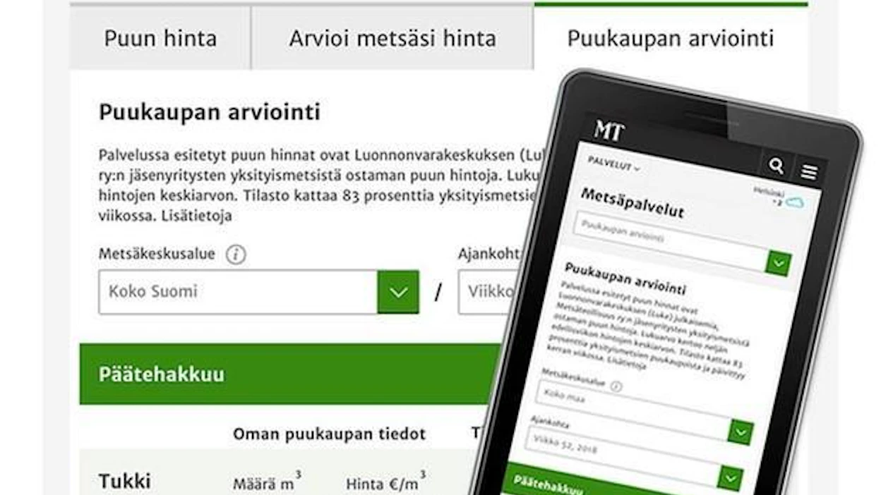 MT:n Puukaupan arviointi -palvelussa voi verrata oman puukaupan tai puukauppatarjouksen hintoja keskimääräisiin puun hintoihin.