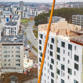 Suomen korkeimman puukerrostalon työmaa Joensuussa. Asuntokauppiaiden mukaan muuallakin itäisessä Suomessa kysyntä keskittyy kaupunkien uudehkoon asuntokantaan.