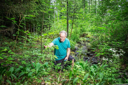 Metsäpuutarhan rajalla virtaa puro, joka Eero Soinion mukaan on nyt poikkeuksellisen vähävetinen.