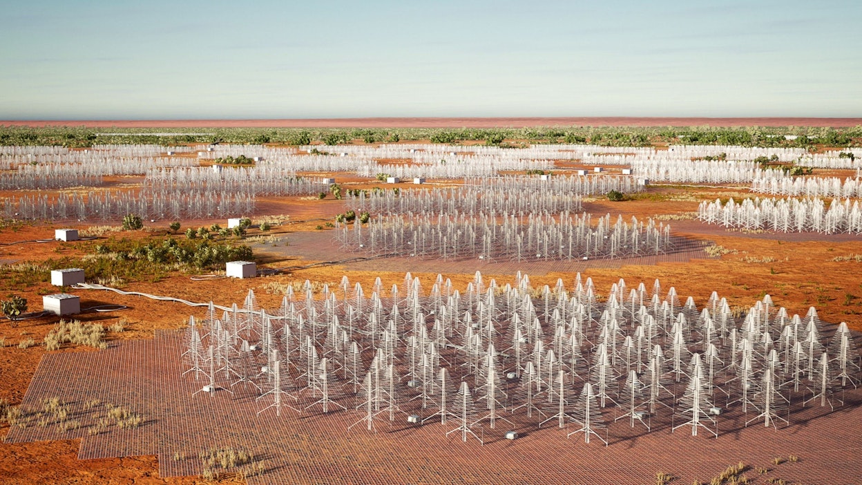 Havainnekuva näyttää Länsi-Australiaan sijoittettavien yli 130 000 dipoliantennin kuusimaisen rakenteen. LEHTIKUVA/AFP. 