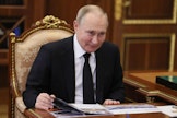 Putin syytti ulkomaisia tiedotusvälineitä hyökkäystä koskevien &quot;väärennösten&quot; ja &quot;valheiden&quot; levittämisestä. LEHTIKUVA/AFP. 
