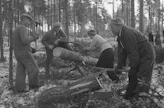 Mottitalkoista otetuilla valo­kuvilla tuettiin kansan taistelu­tahtoa. Tässä edus­kunnan mottitalkoot 19.11.1942, kuvaaja Osvald Hedenström.