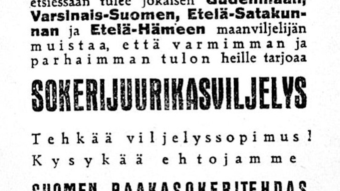 100 vuotta sitten Suomen Raakasokeritehdas osakeyhtiö mainosti sokerijuurikasviljelyä Maaseudun Tulevaisuudessa.