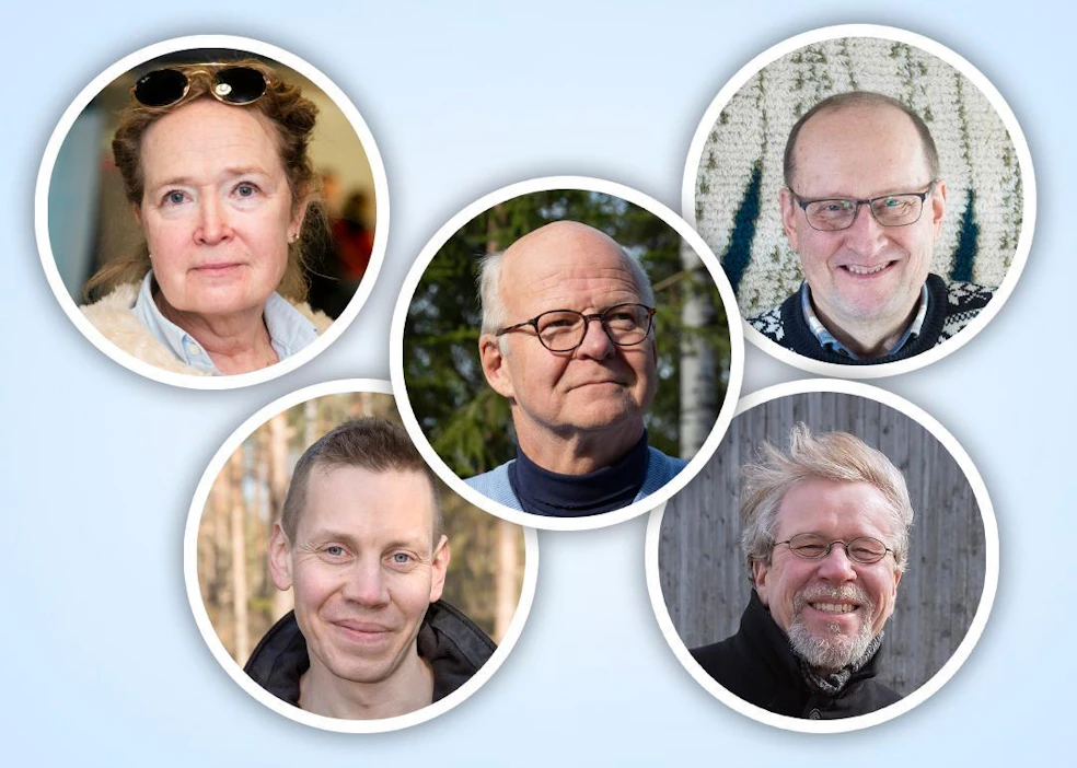 Ylärivillä Jaana Husu-Kallio, Reijo Karhinen, Esa Härmälä, alhaalla Simo Larmo ja Antti-Jussi Oikarinen.