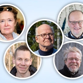 Ylärivillä Jaana Husu-Kallio, Reijo Karhinen, Esa Härmälä, alhaalla Simo Larmo ja Antti-Jussi Oikarinen.